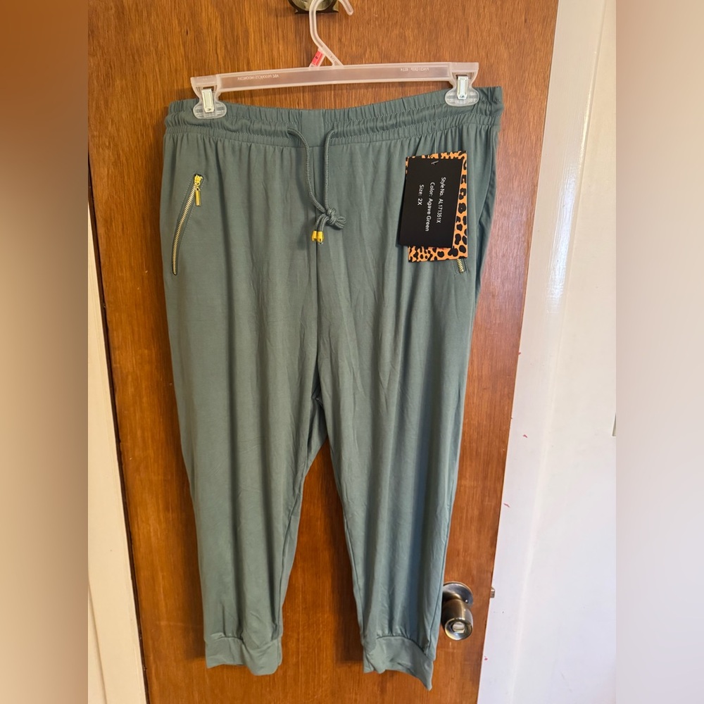 NWT Women’s Plus Size Bae City Agave Green Soft CAPRI Joggers with Gold Zippers